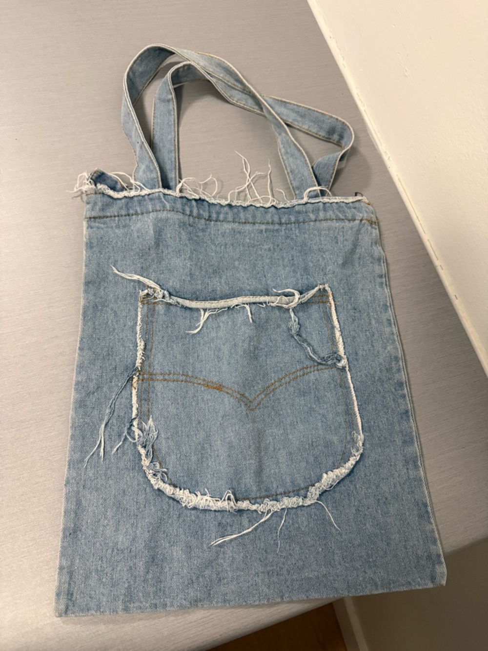 Upcycled Denim Tote Bag – Distressed Raw Hem Pocket